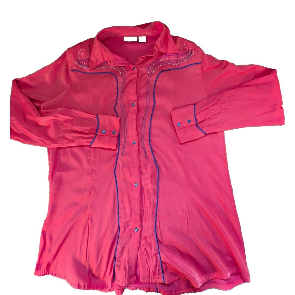 Wrangler Pearl Snap Rodeo Blouse Bright Pink Womens Large Gemstones Embroidery